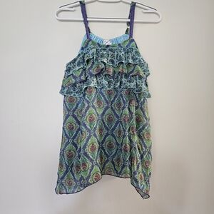 D-Signed Green Blue Tank Boho Paisley Multicolor Y2K Asymmetrical XL Ruffle